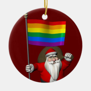 Happy Santa Claus mit Gay Pride-Regenbogenflagge Keramik Ornament
