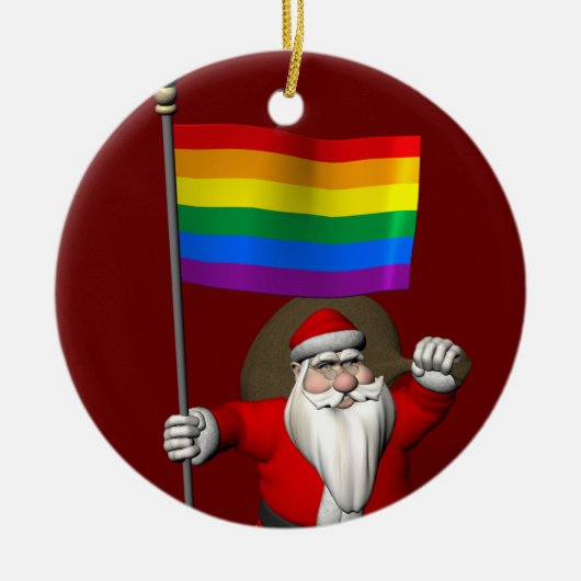Happy Santa Claus mit Gay Pride-Regenbogenflagge Keramik Ornament (Vorne)