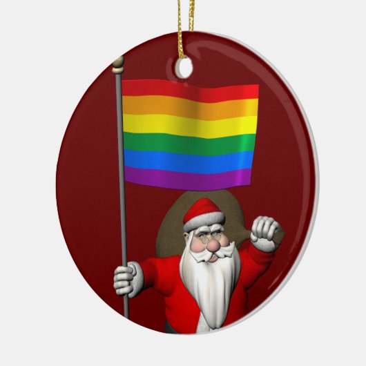 Happy Santa Claus mit Gay Pride-Regenbogenflagge Keramik Ornament (Links)
