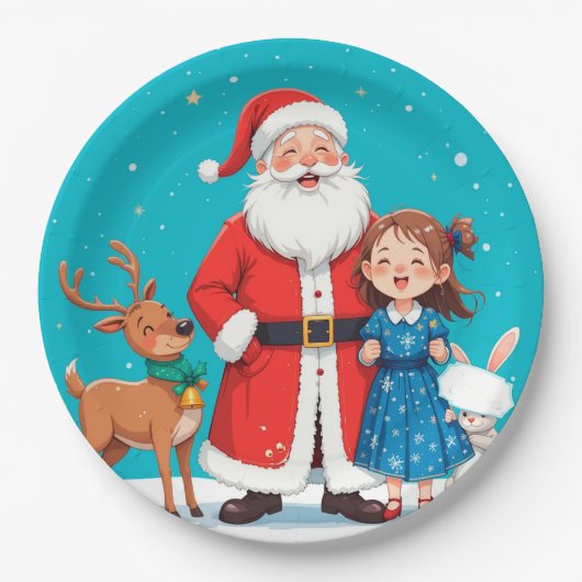Happy Santa Claus mit Schneemann Pappteller (Vorderseite)