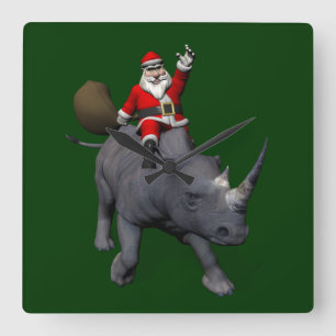 Happy Santa Claus On Rhino Rhinoceros Quadratische Wanduhr