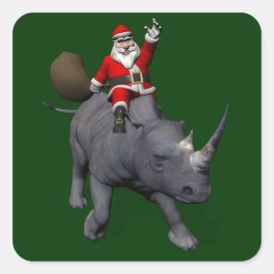 Happy Santa Claus On Rhino Rhinoceros Quadratischer Aufkleber