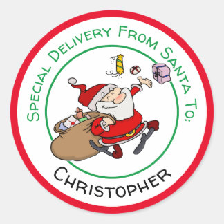 Happy Santa Delivering Weihnachtsgeschenke Runder Aufkleber