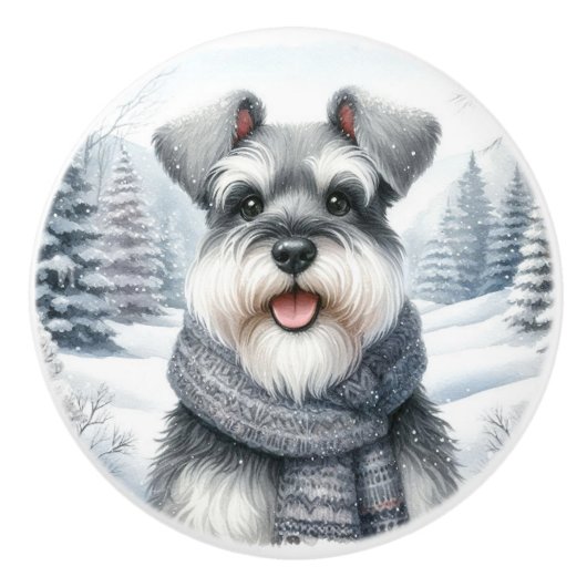 Happy Schnauzer in einem Scara Winter Art Keramikknauf (Vorderseite)