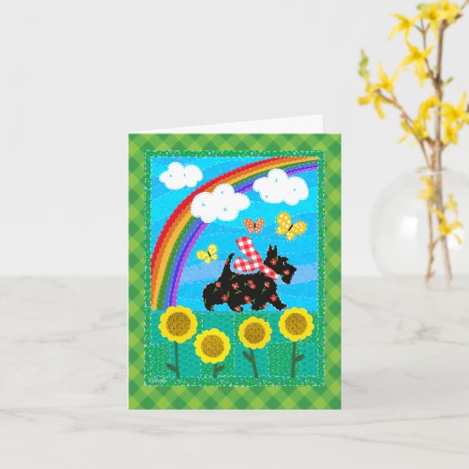 Happy Scottie Rainbow Quilt Design 4x6 Karte (Gelbe Blume)