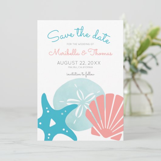 Happy Seashore | Nautical Beach Seashell Wedding Save The Date (Stehend Vorderseite)