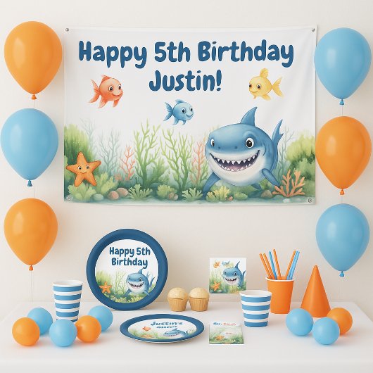 Happy Shark Under Sea Birthday Banner