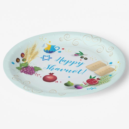 Happy SHAVUOT dekorative Ornament sieben Arten Pappteller (Schrägansicht)