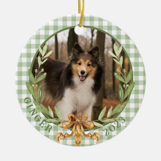 Happy Sheltie in Laurel Wreath Foto Keramik Ornament (Vorne)