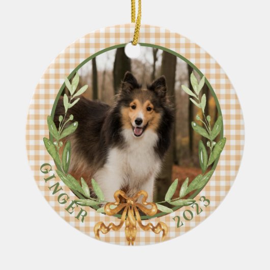 Happy Sheltie in Laurel Wreath Foto Keramik Ornament (Vorne)