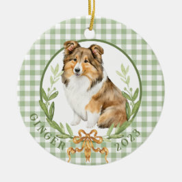 Happy Sheltie in Laurel Wreath Keramik Ornament