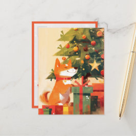 Happy Shiba Inu beside Christmas Tree and Gifts Postkarte