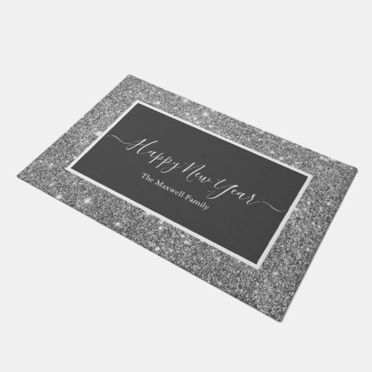 Happy Silver Glitzer Graue Familienname Doo Fußmatte (Schrägansicht)