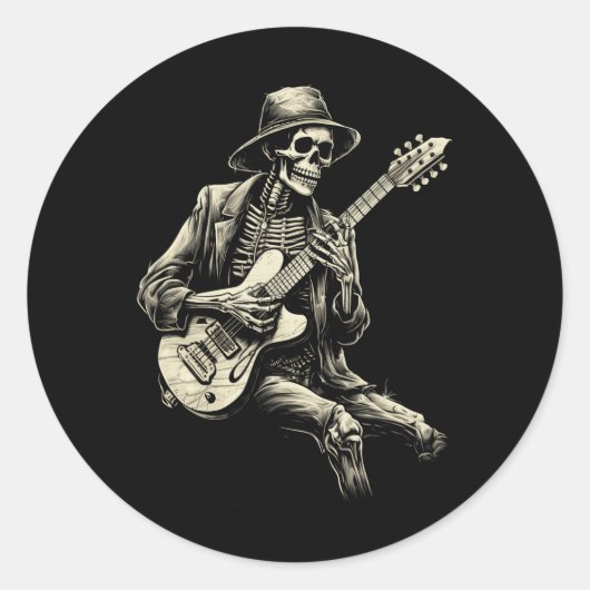 Happy Skeleton Gitarre Typ Spooky Halloween Rock B Runder Aufkleber (Vorderseite)