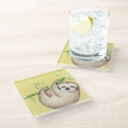 Happy Sloth Watercolor Glasuntersetzer (Schrägansicht)