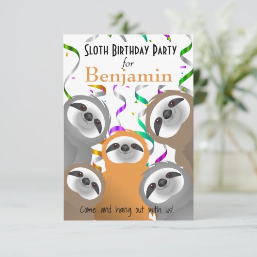 Happy Sloths Birthday Party Confetti Einladung (Stehend Vorderseite)
