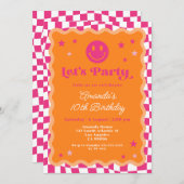 Happy Smile Pink & Orange Checkered Girl Geburtsta Einladung (Vorne/Hinten)