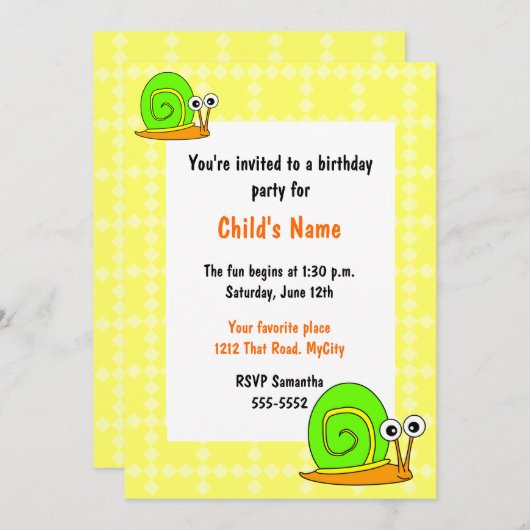 Happy Snail Children's Birthday Einladung (Vorne/Hinten)