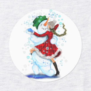 Happy Snowman and Girl Dance Tango Weihnachts-Part Etiketten