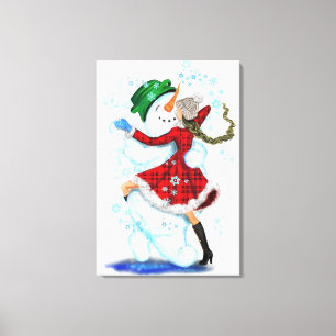 Happy Snowman and Girl Dance Tango Weihnachts-Part Leinwanddruck