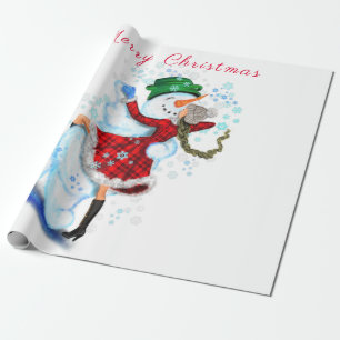Happy Snowman and Girl Dance Tango Weihnachtslusti Geschenkpapier