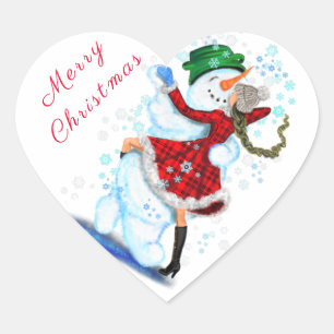 Happy Snowman and Girl Dancers Weihnachtssticker Herz-Aufkleber