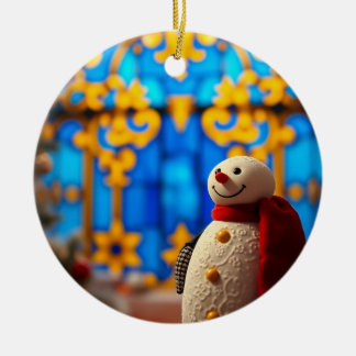 Happy Snowman Christmas – Blue Faux Stained Glass Keramik Ornament