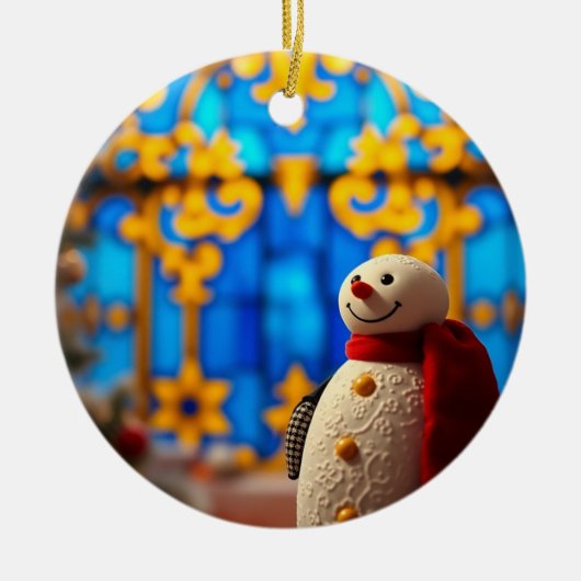 Happy Snowman Christmas – Blue Faux Stained Glass Keramik Ornament (Vorne)