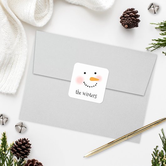 Happy Snowman Face Personalisiert Familienname Quadratischer Aufkleber