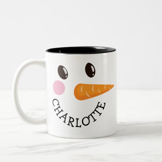 Happy Snowman Face Personalisiert Name Holiday Ges Zweifarbige Tasse (Links)