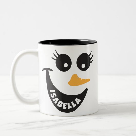 Happy Snowman Face Personalisiert Name Holiday Ges Zweifarbige Tasse (Links)