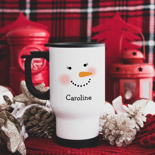 Happy Snowman Face Personalisiert Name Holiday Reisebecher