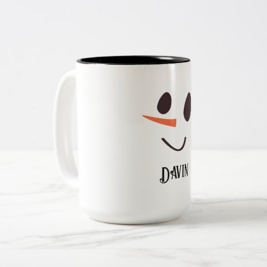 Happy Snowman Face Personalisiert Name Holiday Two Zweifarbige Tasse (Vorderseite Links)