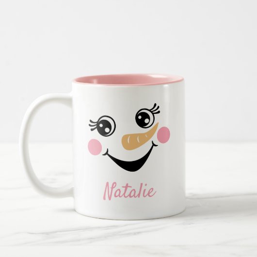 Happy Snowman Face Personalisiert Name Holiday Zweifarbige Tasse (Links)