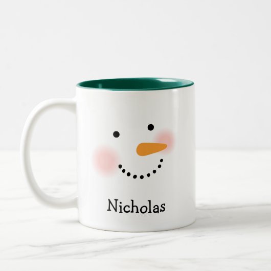 Happy Snowman Face Personalisiert Name Holiday Zweifarbige Tasse (Links)