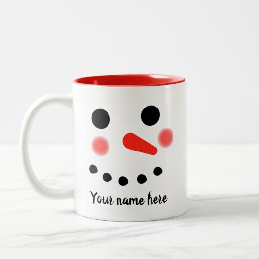 Happy Snowman Face Personalisierter Name Zweifarbige Tasse (Links)