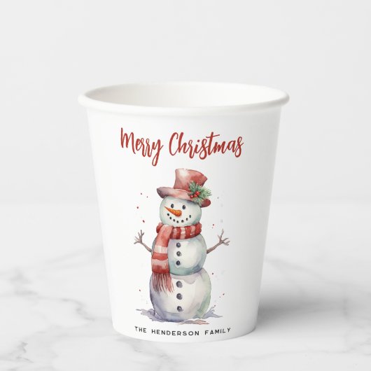 Happy Snowman Frohe Weihnachten Custom Familiennam Pappbecher (Vorderseite)