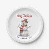 Happy Snowman Frohe Weihnachten Custom Familiennam Pappteller (Vorderseite)