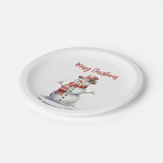 Happy Snowman Frohe Weihnachten Custom Familiennam Pappteller (Schrägansicht)