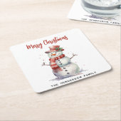Happy Snowman Frohe Weihnachten Custom Familiennam Rechteckiger Pappuntersetzer (angewinkelt)