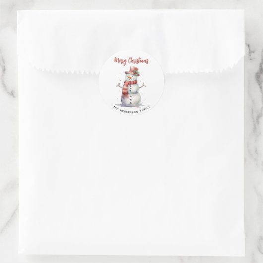 Happy Snowman Frohe Weihnachten Custom Familiennam Runder Aufkleber (Tasche)