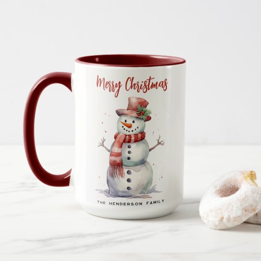Happy Snowman Frohe Weihnachten Custom Familiennam Tasse (Mit Donut)