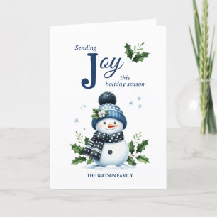Happy Snowman Holly Snowflake Navy White Winter Feiertagskarte