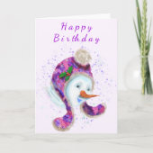 Happy Snowman in Lila rosa Beanie Winter Hat Spaß Karte (Vorderseite)