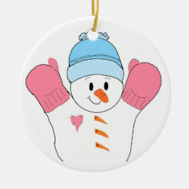 Happy Snowman in Pink Mittens Keramik Ornament