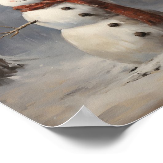 Happy Snowman mit Hut und Red Scarf im Wald Poster (Ecke)