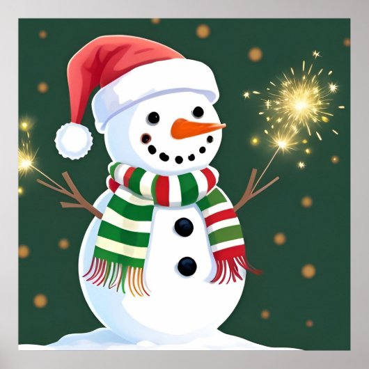 Happy Snowman mit Sparklern und Weihnachtsmannmütz Poster (Vorne)