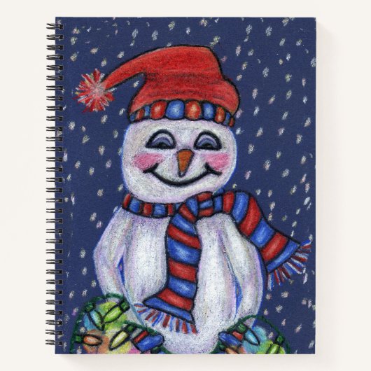 Happy Snowman Red Hat Scarf Holding Lights Snow Notizblock (Vorderseite)