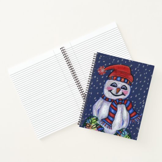 Happy Snowman Red Hat Scarf Holding Lights Snow Notizblock (Innenseite)