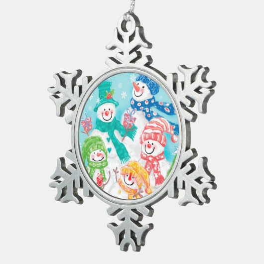 Happy Snowman Retro Weihnachten Schneeflocken Zinn-Ornament (Rechts)